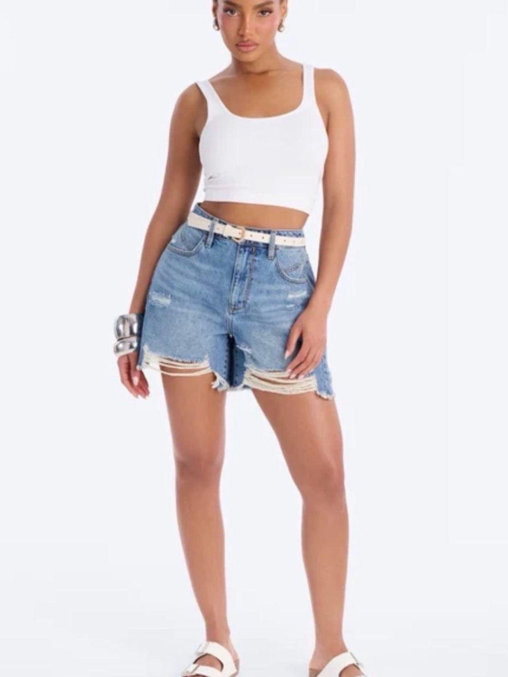 Fashion Nova High-Rise Light Blue Distressed Denim Shorts